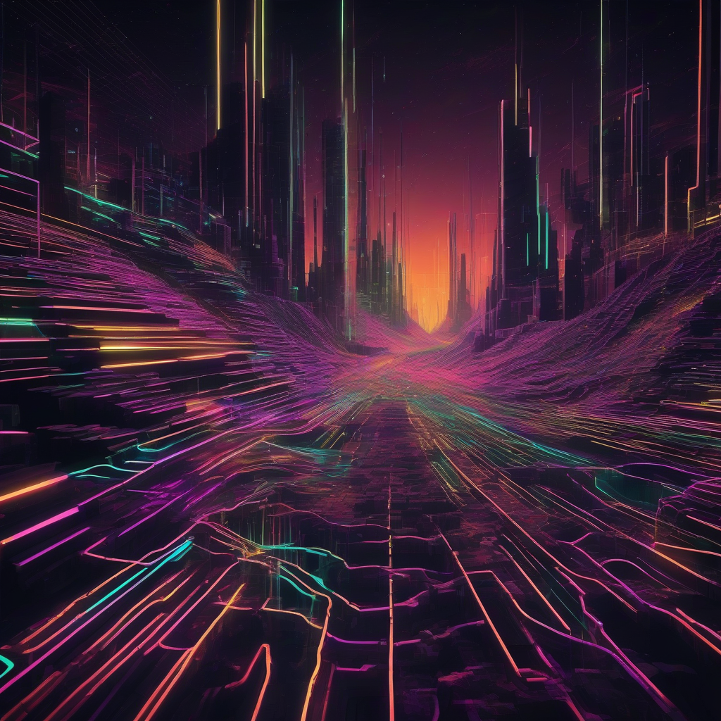 A fragmented, retro-futuristic digital landscape depicted with glowing neon lines and decaying information streams, symbolizing the erosion of reality through algorithmic feedback loops. Abstract, dark, with glimmers of corrupted data.