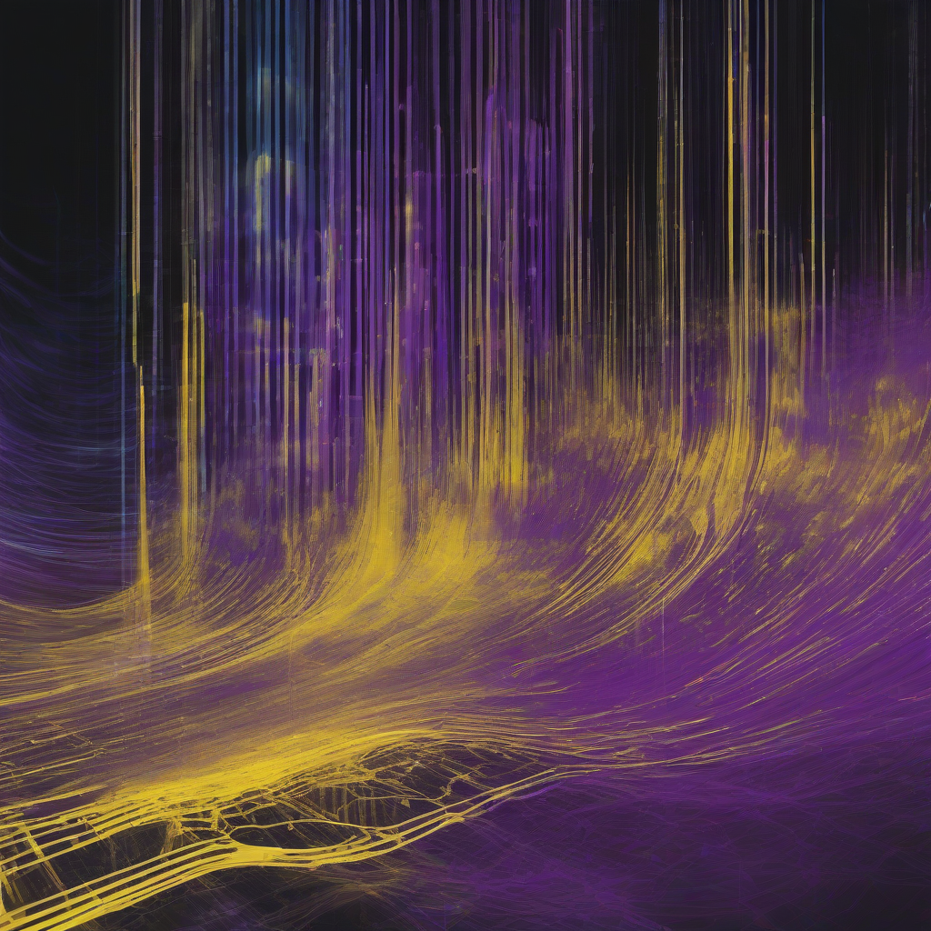 A conceptual, retro-futuristic image showing abstract data flowing like water, but with subtle eddies of decay and distortion, against a dark, glowing network backdrop, in muted purples, blues, and electric yellows, conveying a sense of urgent computational warning.