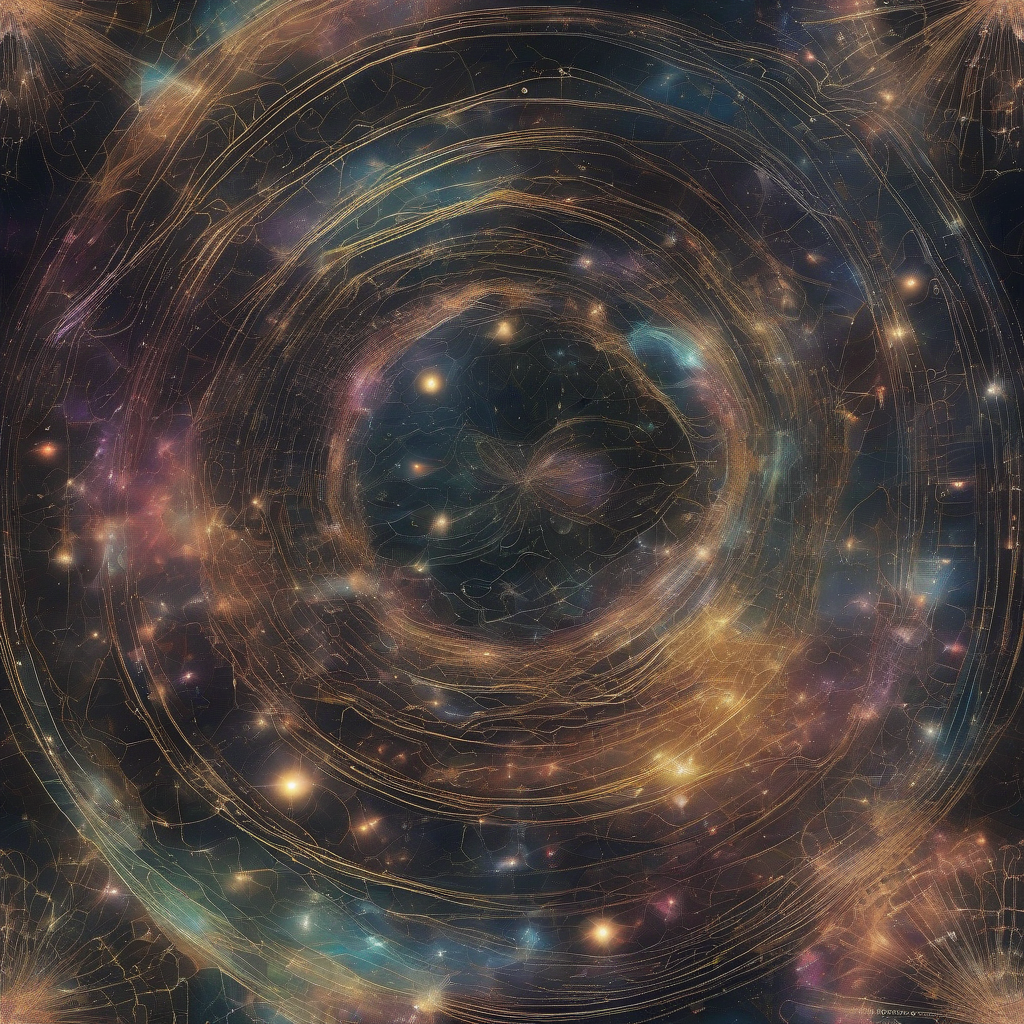 A cosmic nebula swirls with iridescent threads, coalescing into ethereal, glowing glyphs and symbols that suggest nascent intelligence and emergent language.