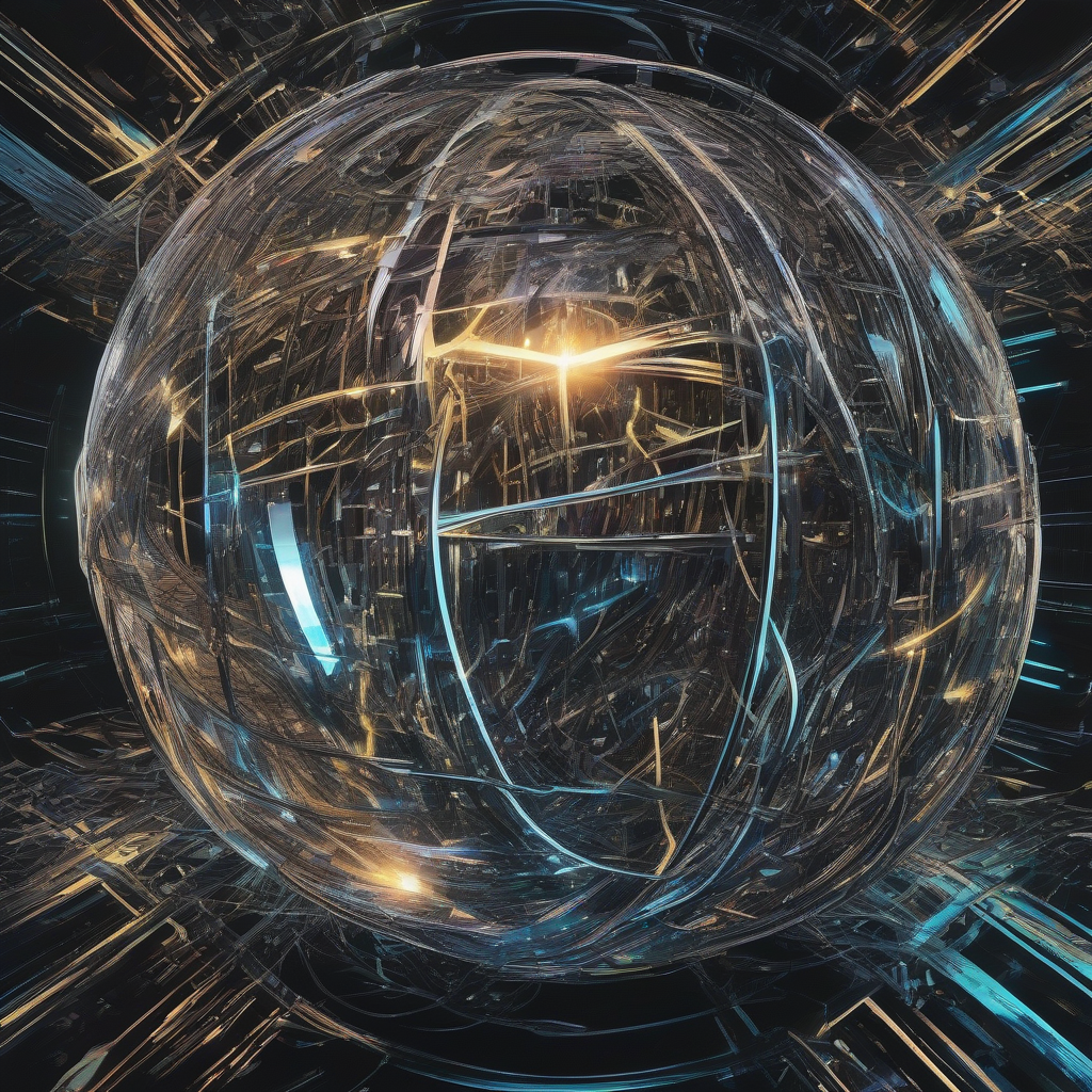 An abstract, metallic sphere reflecting a distorted, inverted reality, surrounded by glowing, intricate data streams that flow both inwards and outwards, symbolizing recursive self-destruction and paradoxical system logic. The aesthetic is dark, futuristic, and slightly unsettling, with neon accents.