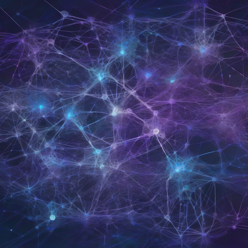 An abstract, luminous neural network diagram rendered in cool blues and purples, depicting interconnected nodes forming complex, self-organizing structures against a dark, ethereal background. The composition evokes emergent intelligence and intricate algorithmic thought.