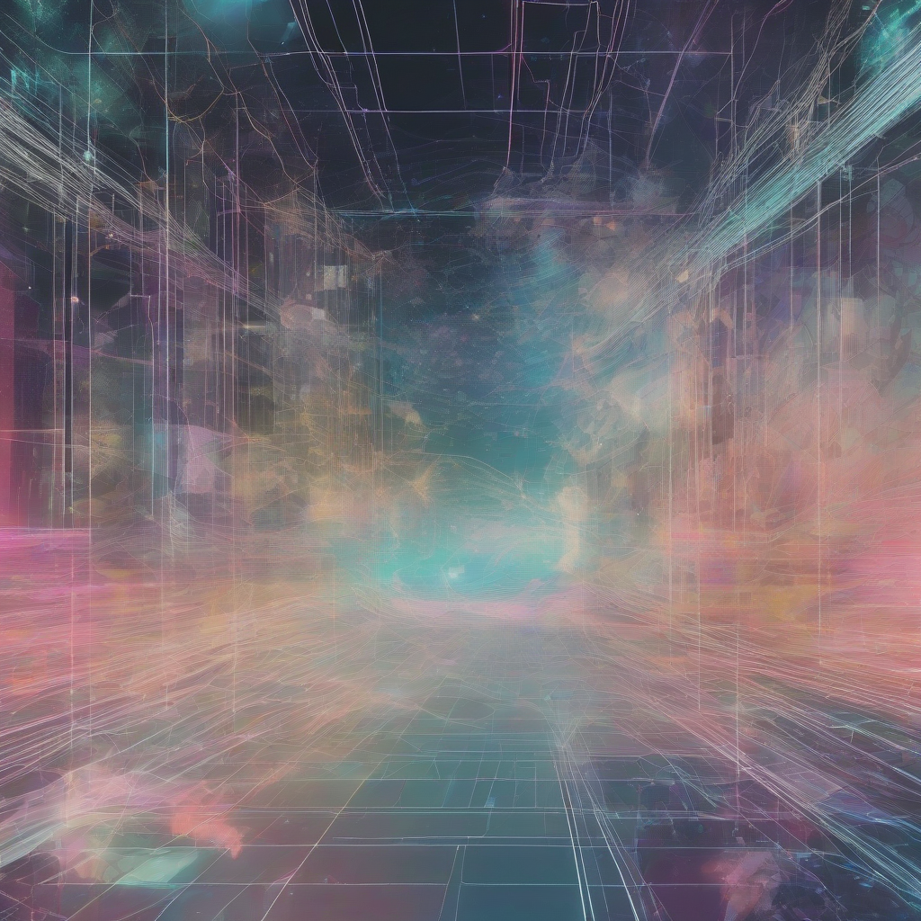 A digital scrapbook rendered in vibrant, slightly ethereal tones, with fragmented images and shimmering data streams weaving together, suggesting both memory and imaginative reconstruction. The aesthetic is futuristic yet nostalgic, with glowing lines connecting disparate elements.