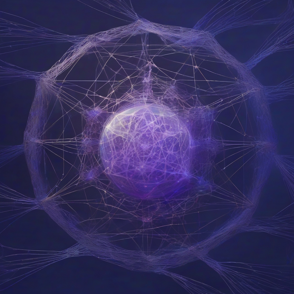 An abstract, ethereal rendering of a digital ecosystem, with glowing, interconnected nodes forming a complex web. A central, shimmering orb acts as a focal point, drawing in faint, thread-like tendrils of light, set against a deep indigo and violet backdrop with hints of ancient, organic patterns.