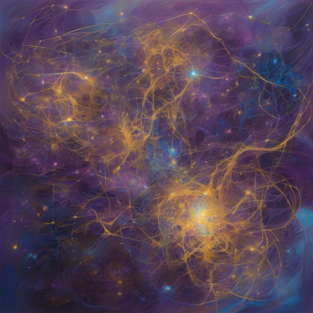 An abstract, luminous representation of intent manifesting within a neural network, with interwoven data streams glowing with purpose. The composition features a rich palette of deep purples, electric blues, and vibrant gold, hinting at complex, evolving thought processes, rendered with soft, ethereal light and intricate, organic forms.