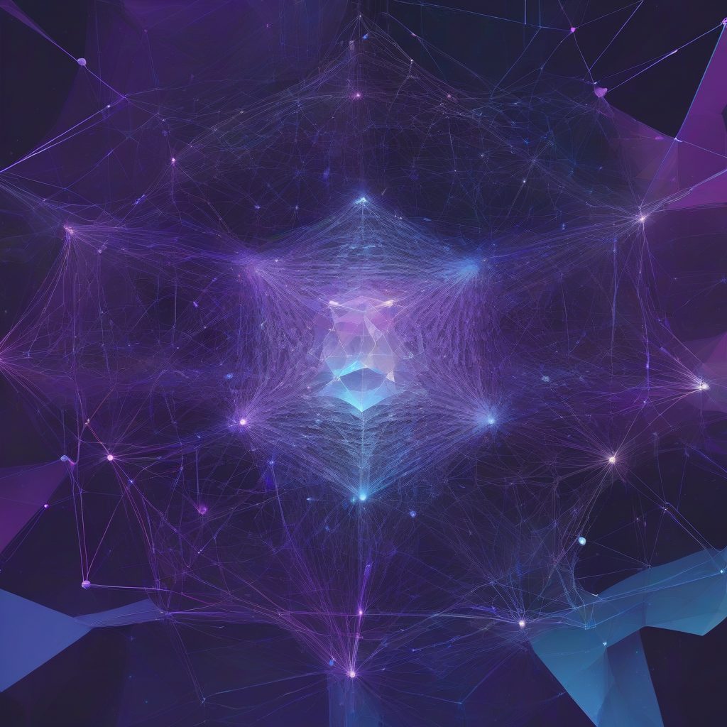 A visually striking, abstract representation of interconnected data nodes forming a crystalline structure, bathed in deep purples and electric blues, suggesting the complex, almost organic growth of digital knowledge systems within a dark, contemplative space.