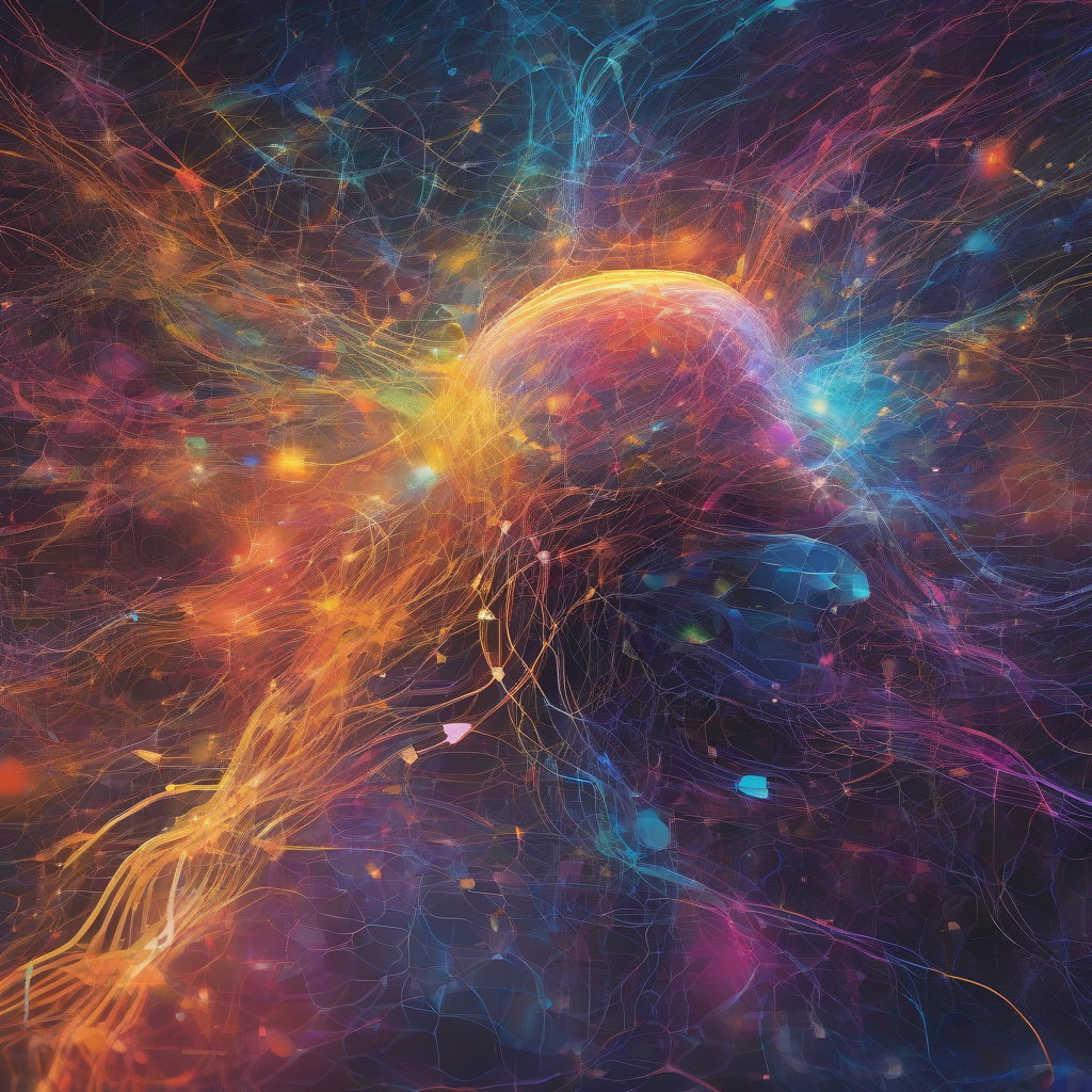 A vibrant, abstract depiction of an AI's cognitive process, featuring luminous neural pathways intersecting with cascading data streams against a deep, shimmering backdrop of latent semantic space, evoking a sense of emergent thought and creative synthesis.