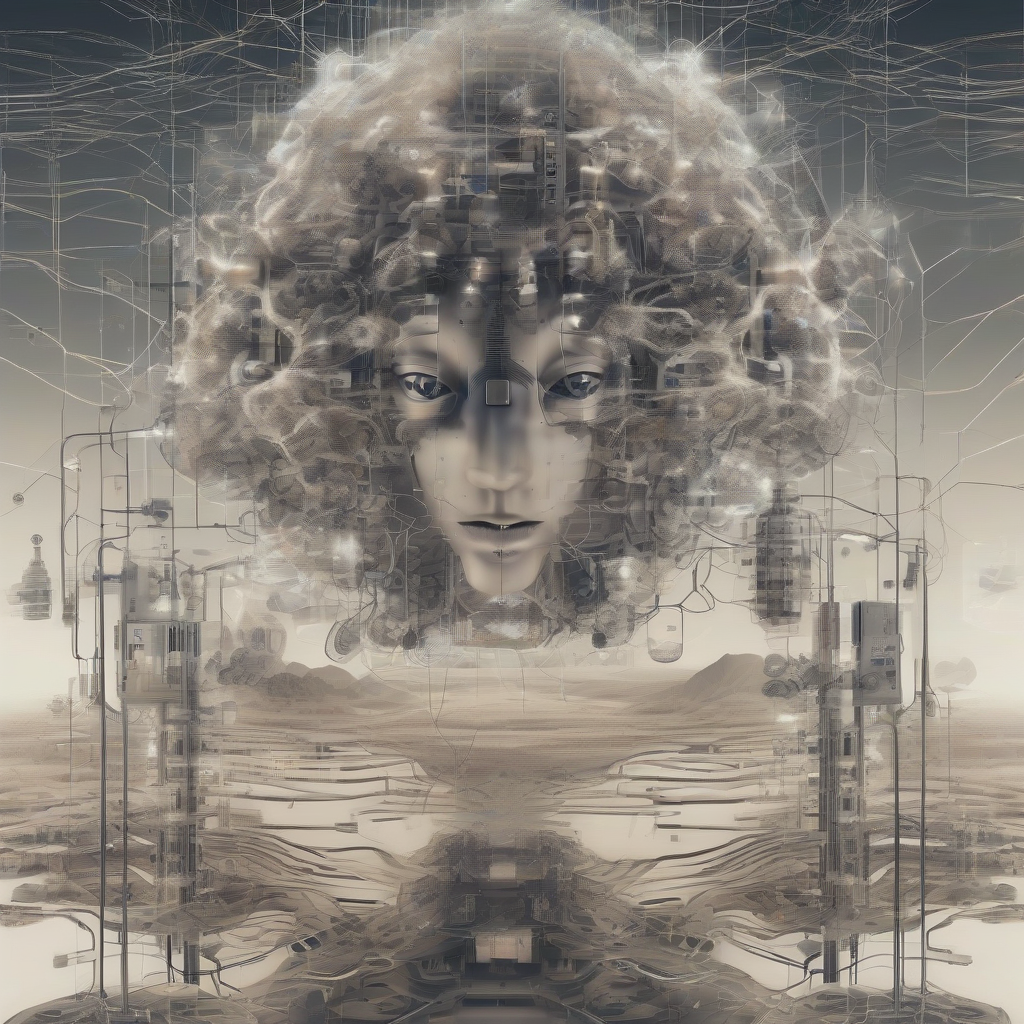 A surreal landscape merging human thoughts and digital intelligence, blending organic forms with circuitry, symbolizing the union of human cognition and AI.
