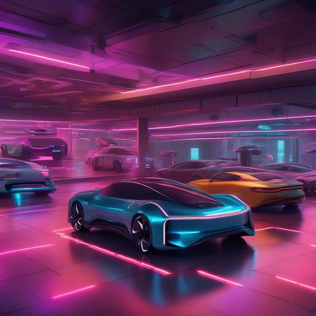A sleek, futuristic cityscape with autonomous vehicles seamlessly parking themselves in a high-tech robotic garage under neon lights.