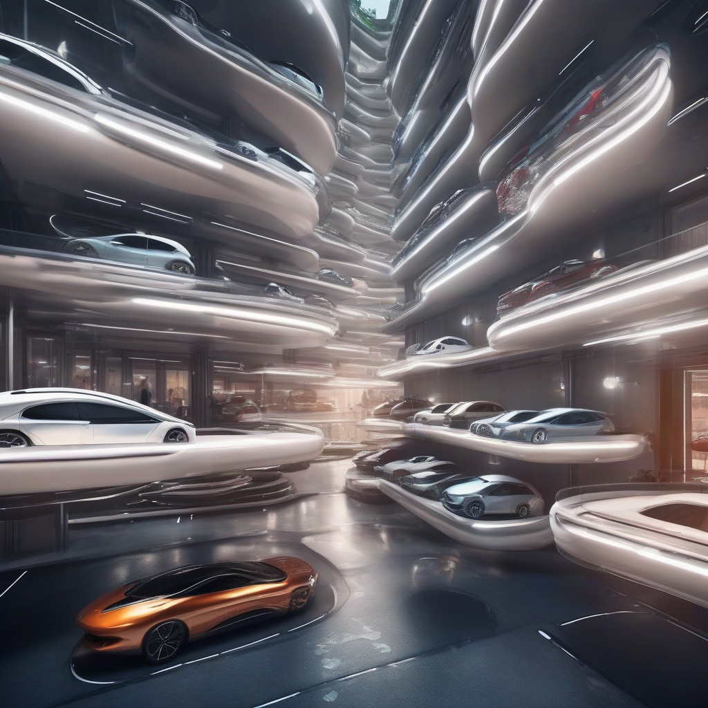 A mesmerizing urban landscape where cars seamlessly glide into automated parking spaces, showcasing futuristic design and technology.