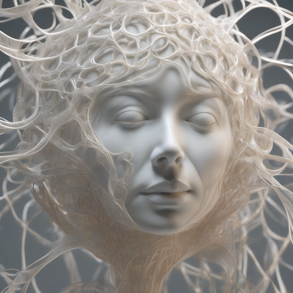 A hyper-realistic digital sculpture, pulsating with ethereal light, is being meticulously shaped by a network of intricate, glowing tendrils, evoking the blend of raw material and algorithmic precision.