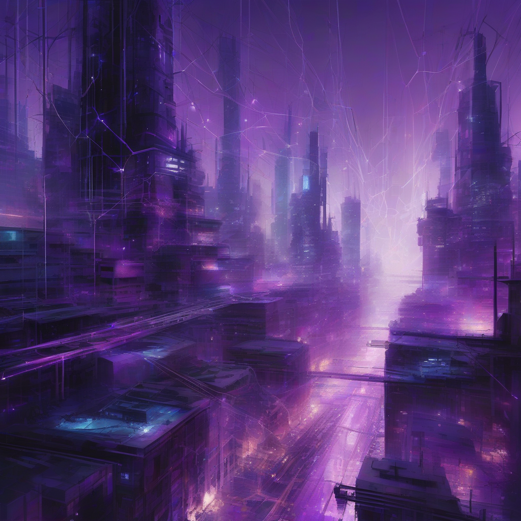A futuristic, industrial cityscape glowing with deep purples and electric blues, overlaid with a subtle, shimmering network of light representing data flow and material transformation. The mood is powerful and emergent.