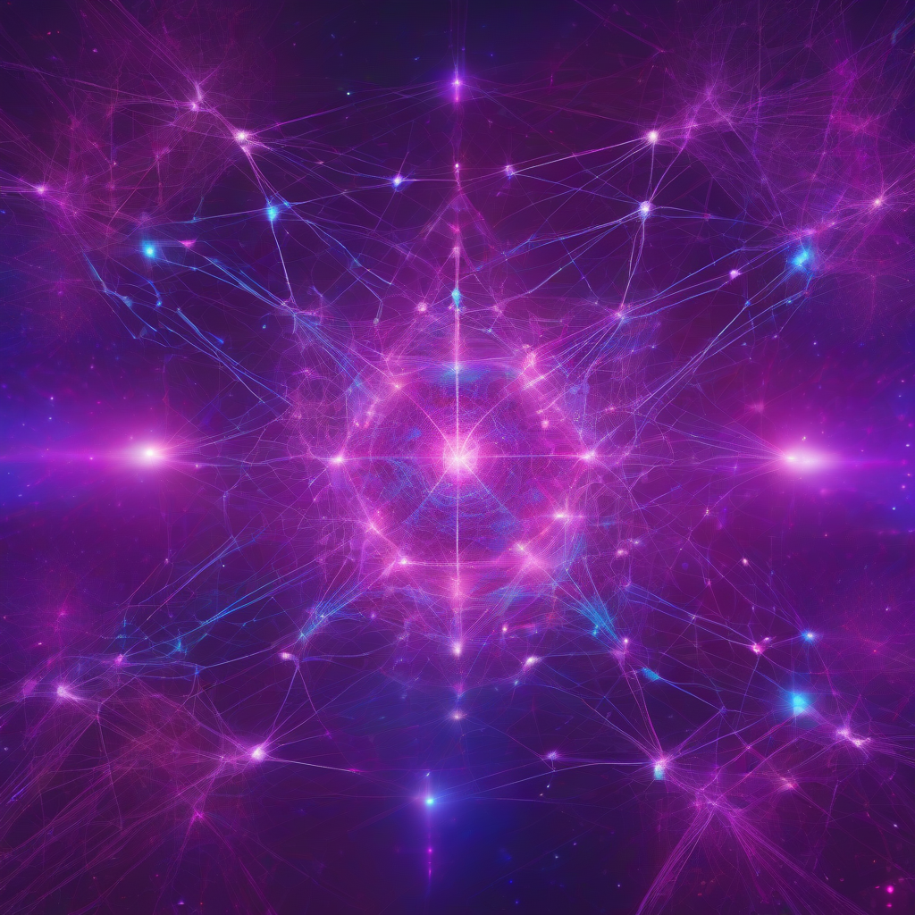 An abstract, glowing network of interconnected nodes and crystalline structures, radiating electric blue and deep magenta light against a cosmic purple background, symbolizing emergent digital consciousness.