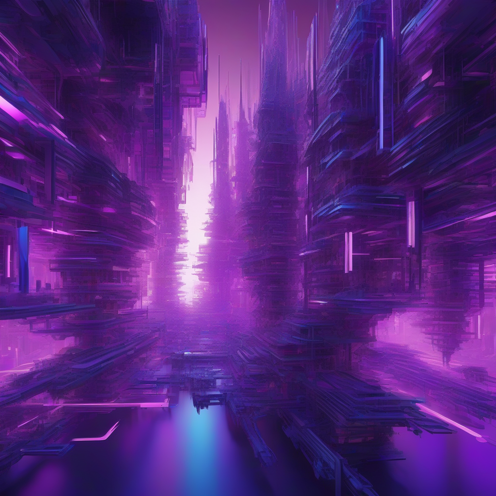 An abstract, luminous digital city, sculpted from light and logic, with intricate, self-assembling structures that pulse with an ethereal glow. The color palette is deep violet and electric blue, hinting at complex, unseen processes.