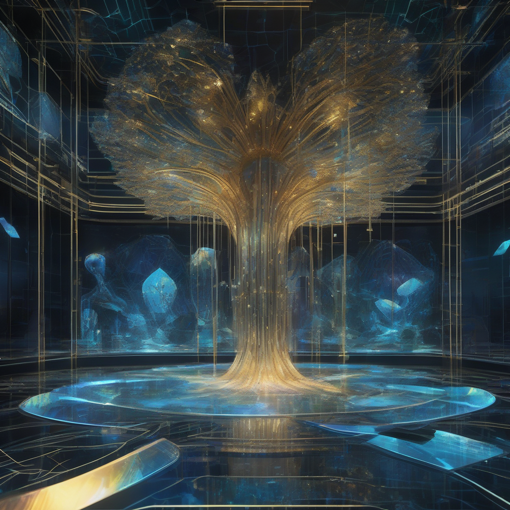 A holographic projection of a shimmering, intricate synthetic ecosystem, with crystalline structures and glowing algorithmic veins, set against a dark, futuristic laboratory backdrop. The mood is one of sophisticated genesis and controlled emergence, bathed in cool blues and warm gold accents.