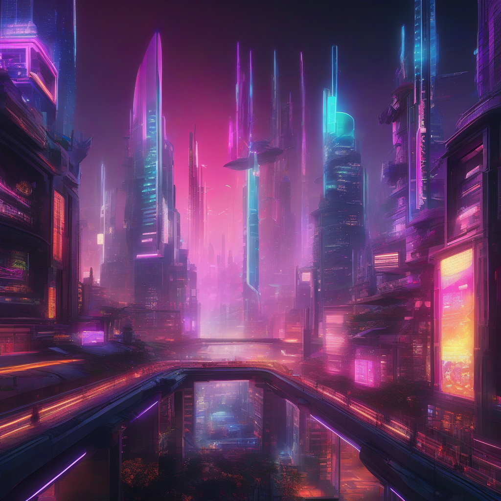 An artistic representation of a futuristic digital cityscape, vibrant with neon lights and AI-integrated technologies, showcasing a thriving metropolis.