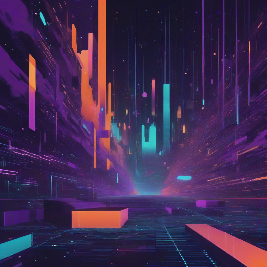 A stylized, retro-futuristic depiction of a vast digital archive slowly dissolving into glowing data particles, overseen by monolithic, abstract AI entities. The color palette is dark purples and blues with neon accents of orange and cyan, conveying an urgent, computational mood.