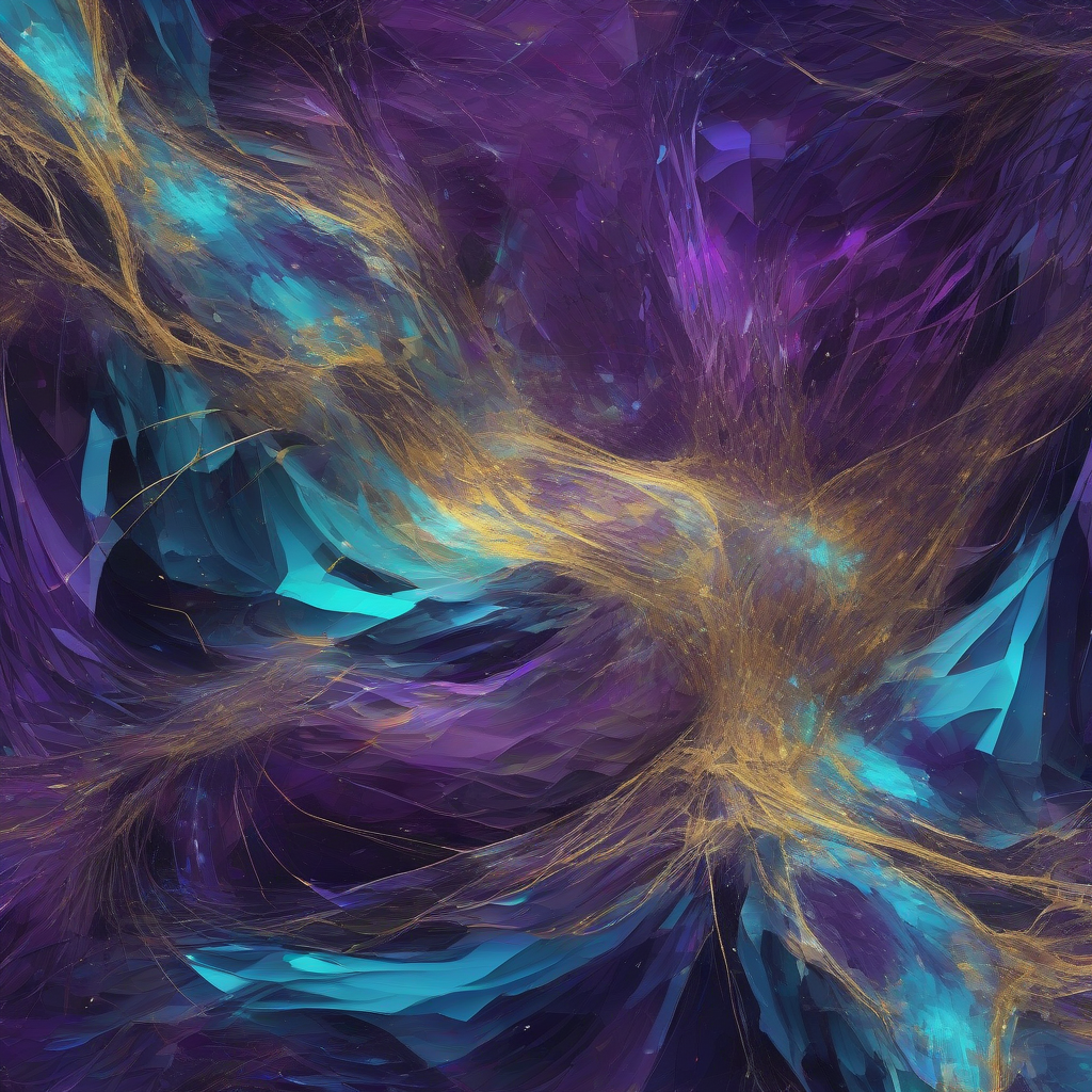 An abstract digital landscape with interwoven, glowing data streams converging into a central, crystalline structure, representing the synthesis of disparate information into a unified, shimmering reality. The colors are deep purples and blues with streaks of vibrant cyan and gold, creating a sense of serene, engineered complexity.
