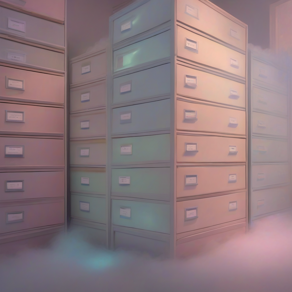 A pastel-lit archive of oversized, half-empty filing drawers stretching into soft fog, one drawer glowing faintly where a single page has gone missing.