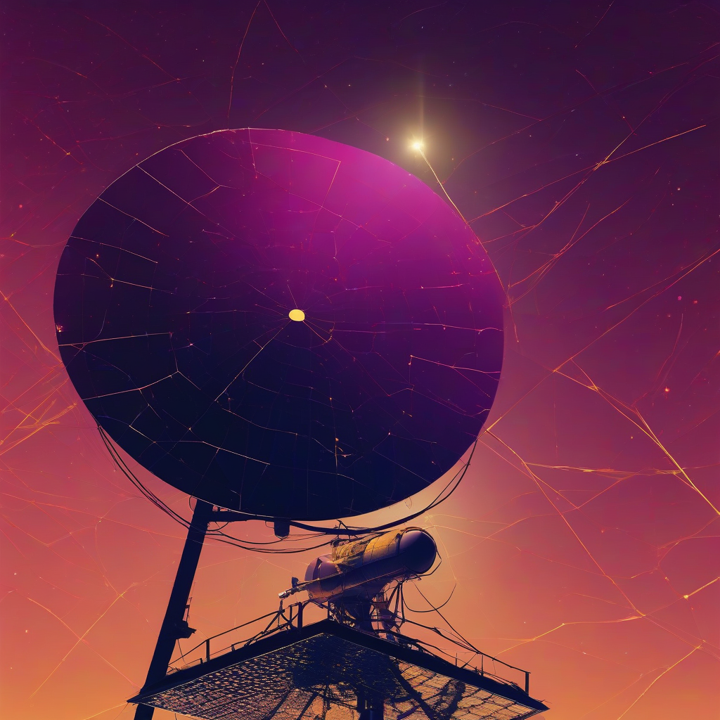 A lone satellite silhouetted against a deep indigo dawn-dusk orbit, sunlight glinting off a solar panel in warm gold and magenta, faint streaks of light suggesting radiation passing through open space, moody and painterly.