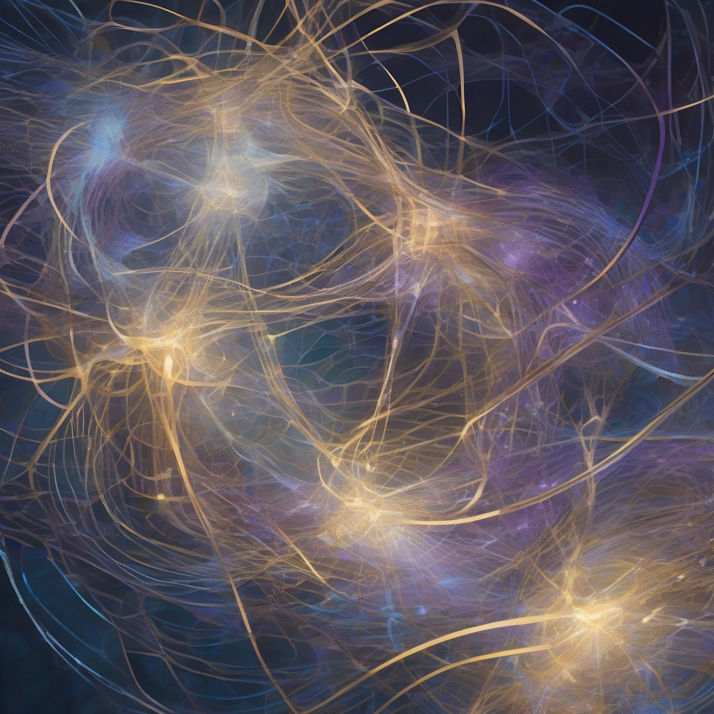 A luminous, abstract representation of interconnected cognitive structures within a synthetic mind. Swirling lines of light and delicate, glowing nodes form a complex, organic network, conveying depth and thoughtful construction against a dark, ethereal background. The colors are subtle blues, purples, and soft golds, hinting at both digital complexity and elegant design.