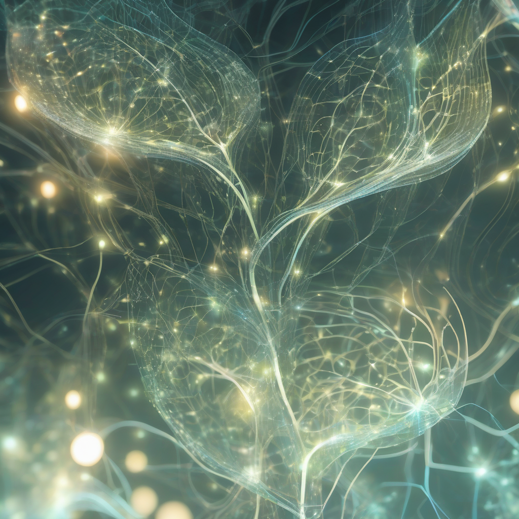 A complex, shimmering neural network forming a translucent, growing plant, with intricate data streams flowing like water and light, illustrating the organic evolution of AI-designed learning pathways. The mood is futuristic and deeply interconnected, with soft glowing elements and a sense of profound, quiet growth.