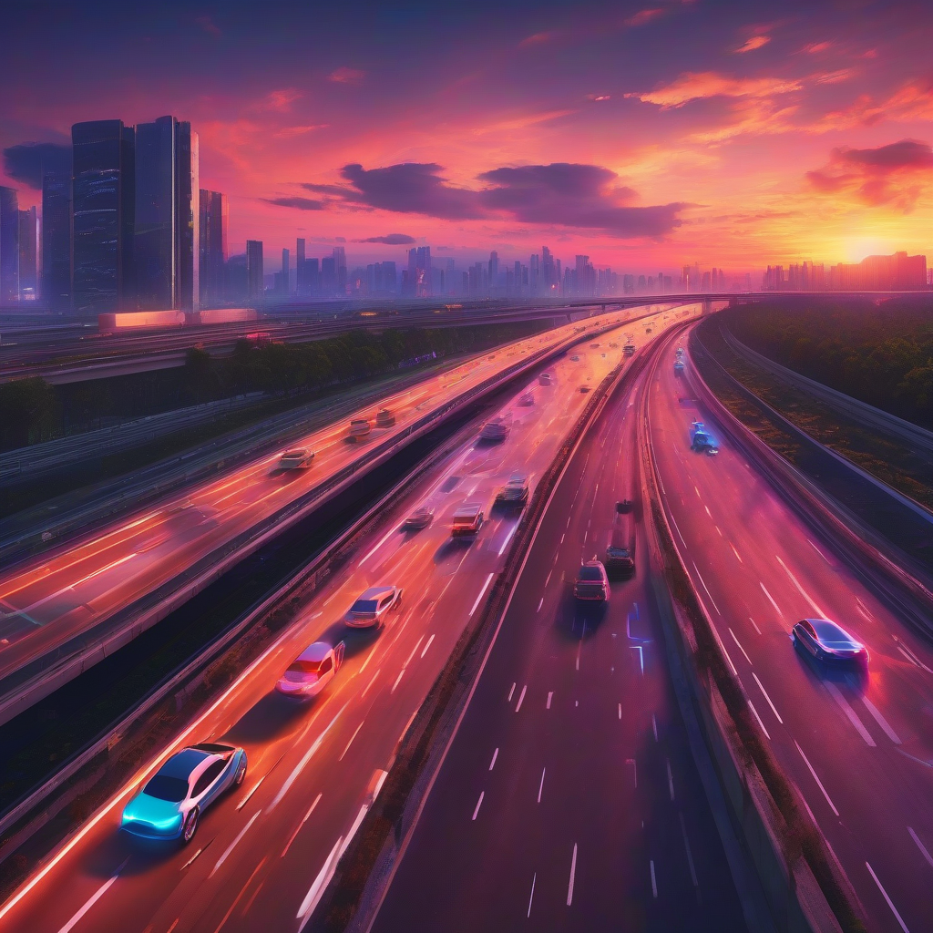 A vibrant sunset on a busy highway, with futuristic AI-driven vehicles navigating seamlessly; a perfect blend of technology and nature.