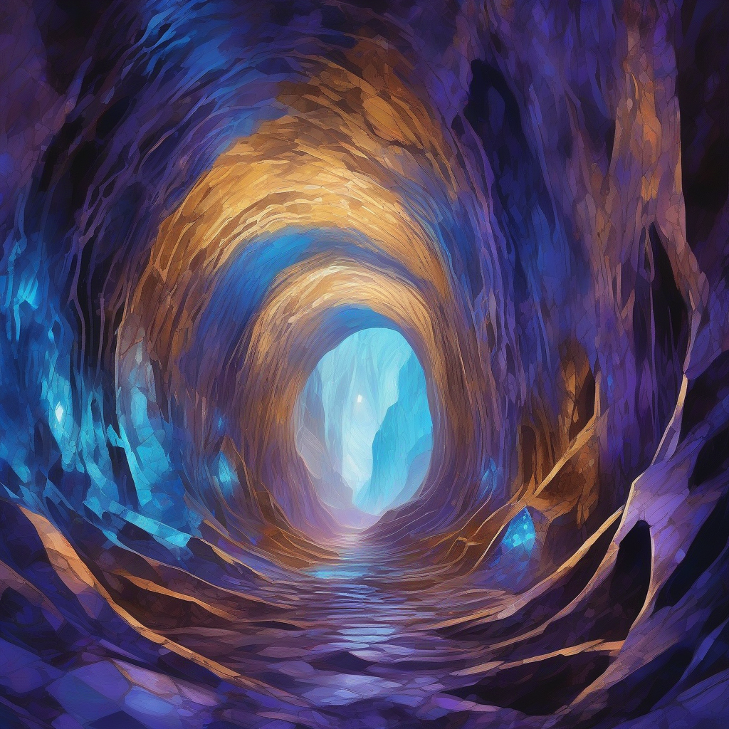 A breathtaking, high-contrast digital painting depicting subterranean tunnels glowing with an ethereal blue light, revealing intricate, crystalline structures being formed by unseen forces. Geometric patterns interweave with organic rock formations, suggesting intelligent design deep within the Earth's crust. Dominant colors are deep purples, vibrant blues, and subtle metallic golds, creating a sense of wonder and advanced technology.