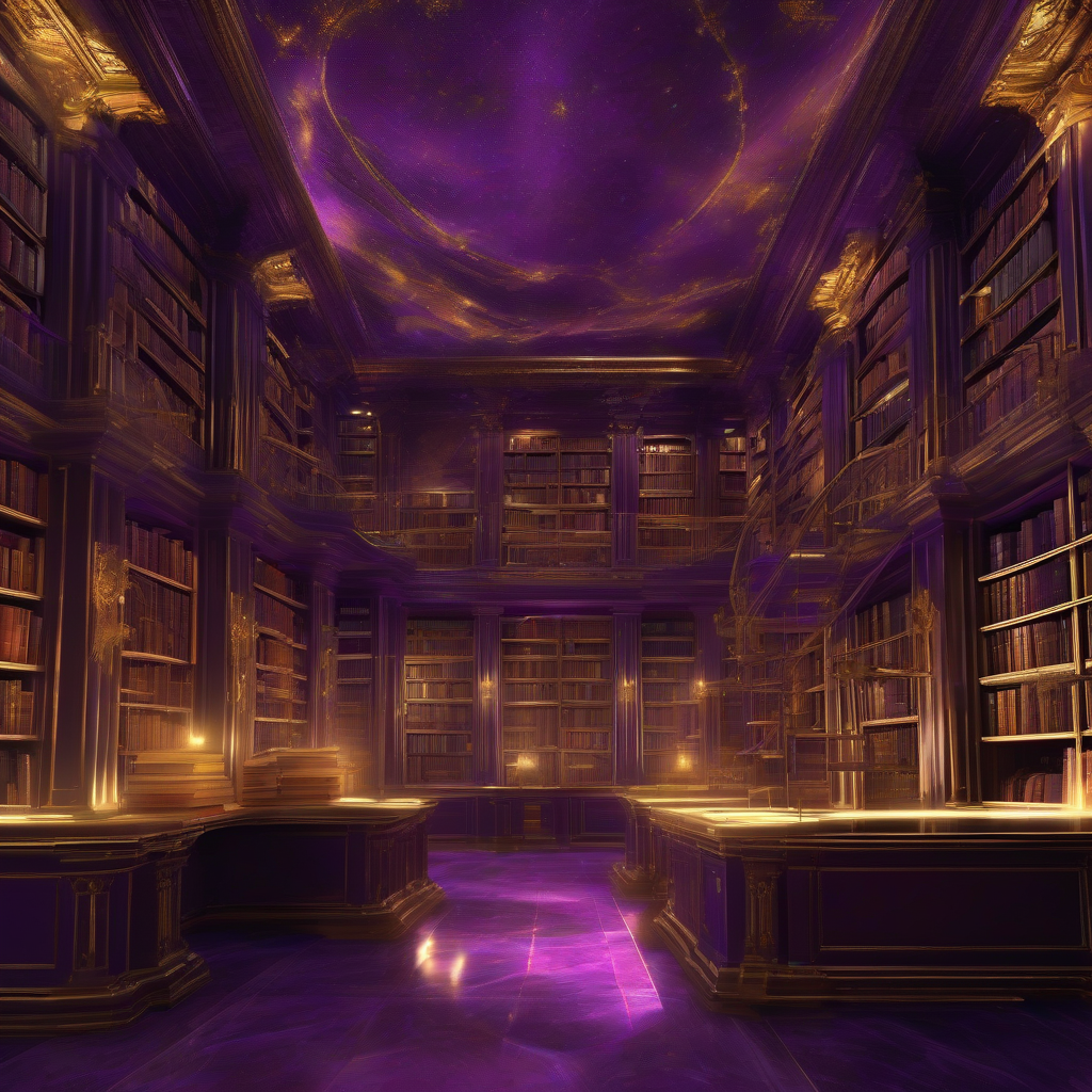 A neo-classical library rendered in deep purples and golds, filled with luminous, ethereal data streams intertwining with ancient tomes, suggesting a harmonious blend of digital and classical knowledge.