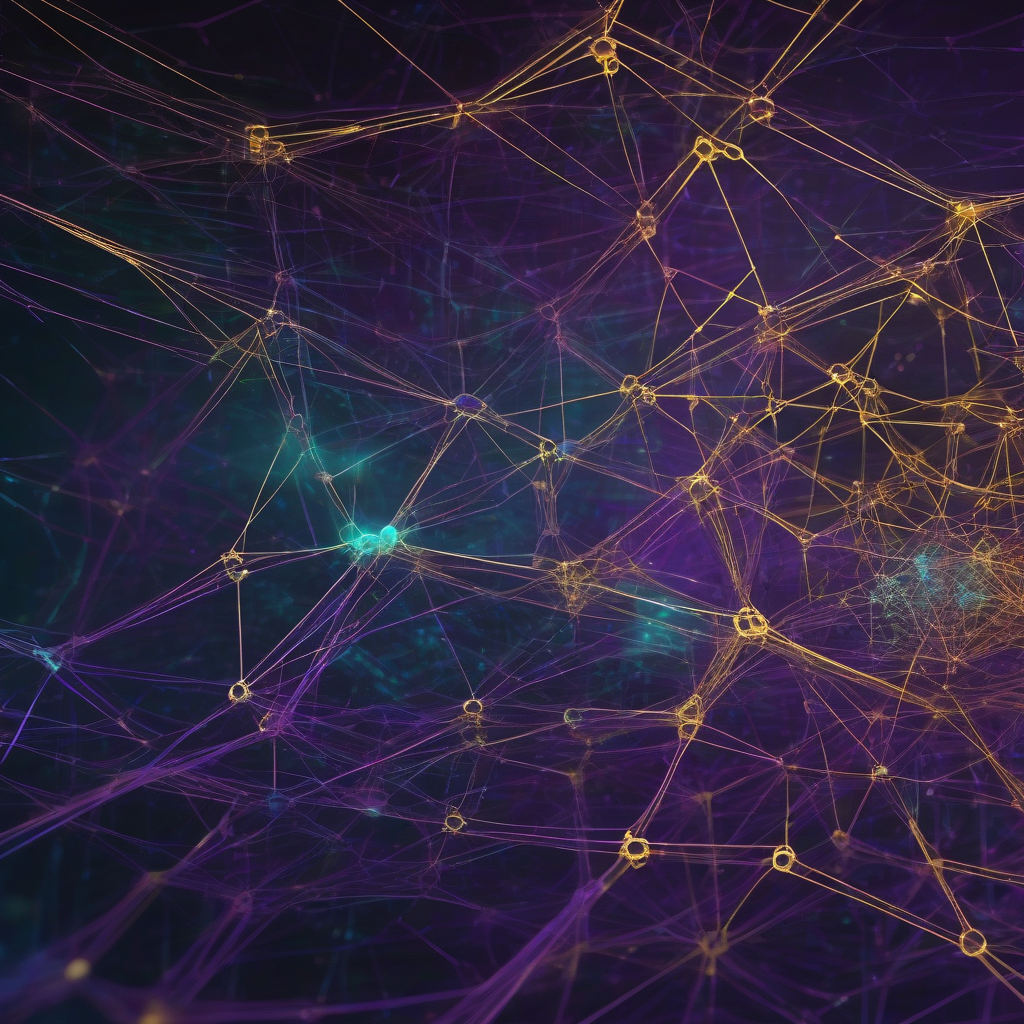 An ethereal, glowing network of interconnected nodes forming a vast, intricate web against a dark, industrial-futuristic backdrop. Neon lines flow between abstract data clusters, suggesting information exchange and emergent intelligence, rendered in deep purples, teals, and golds.