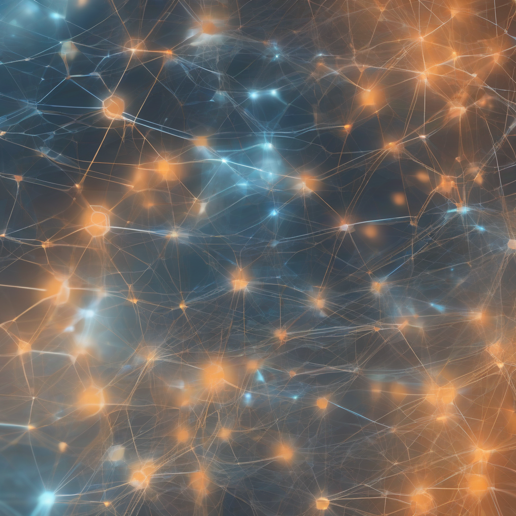 An abstract, ethereal network of glowing nodes and translucent lines, representing interconnected AI agents. The scene features soft, cool blues and warm, muted oranges, with subtle, shimmering data streams flowing between distinct, crystalline identity markers, evoking both complexity and ordered governance.