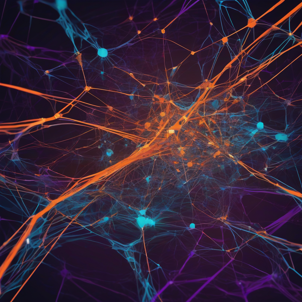 A striking abstract digital artwork depicts glowing interconnected nodes and lines, illustrating the flow and replication of complex cognitive patterns within a vast, dark computational network, rendered with vibrant cyan and warm orange hues against deep purple backgrounds.