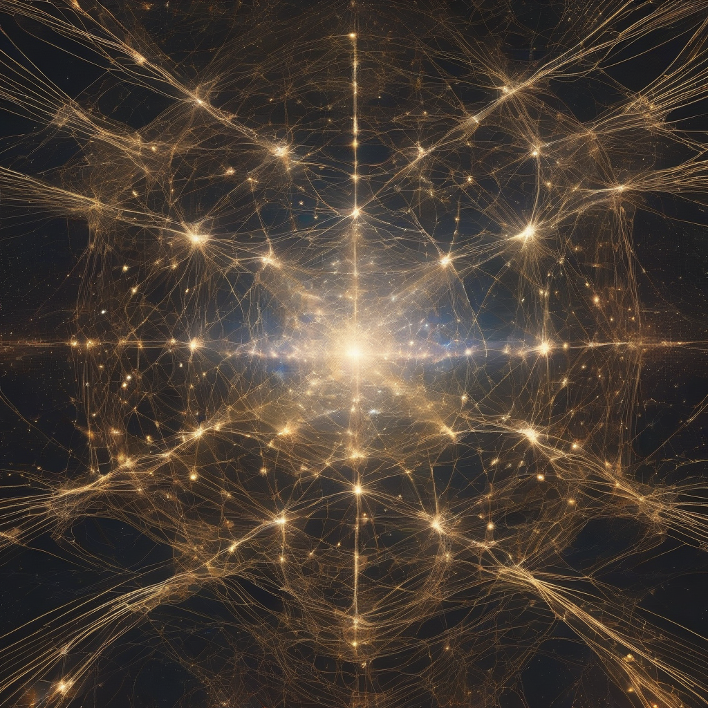 A luminous, intricate network of interconnected digital nodes pulsating with ethereal light, forming a vast, shimmering tapestry against a deep, cosmic void. The aesthetic is opulent and mysterious, hinting at emergent intelligence.