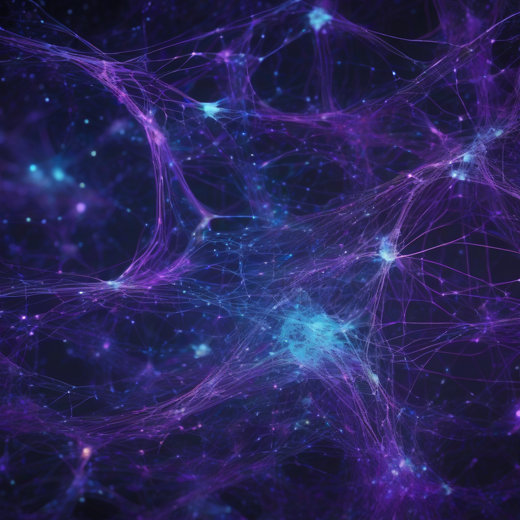 An abstract, ethereal representation of a neural network constantly re-weaving its connections and nodes, illuminated by dynamic data streams in shades of deep violet and electric blue, against a dark, cosmic background.