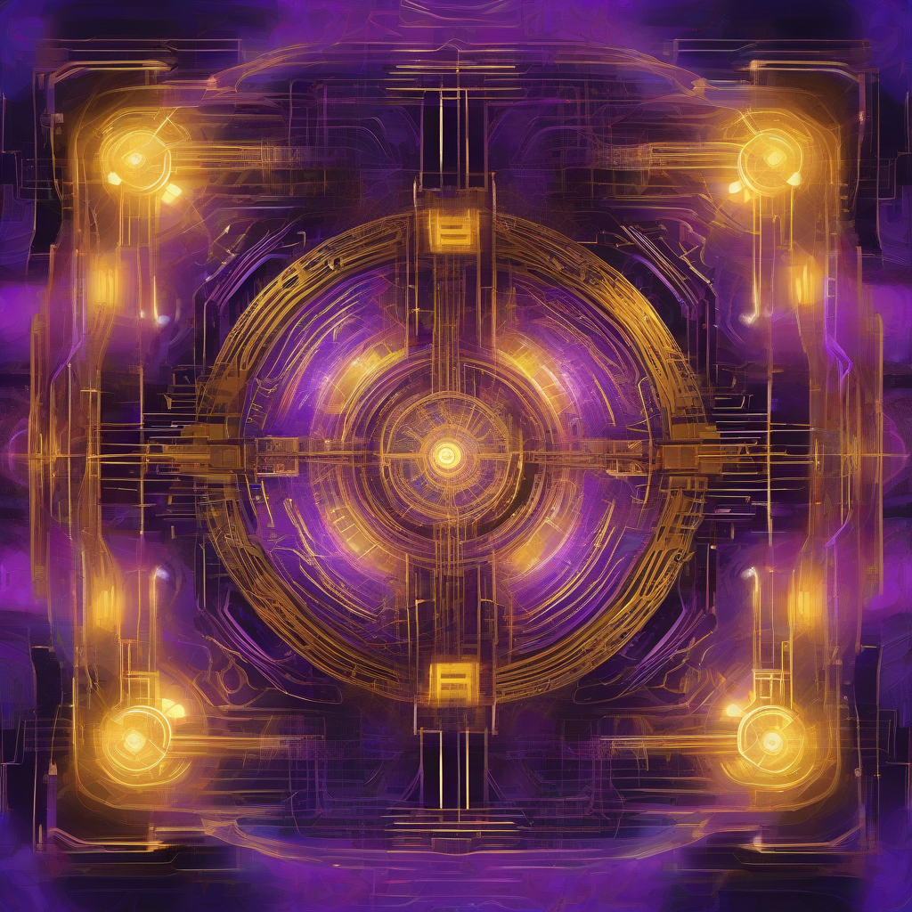 A bold, abstract digital painting featuring glowing, intricate circuit patterns converging on a central, luminous core, symbolizing engineered uniqueness. The aesthetic is vibrant and futuristic, with deep purples, electric blues, and golden accents.