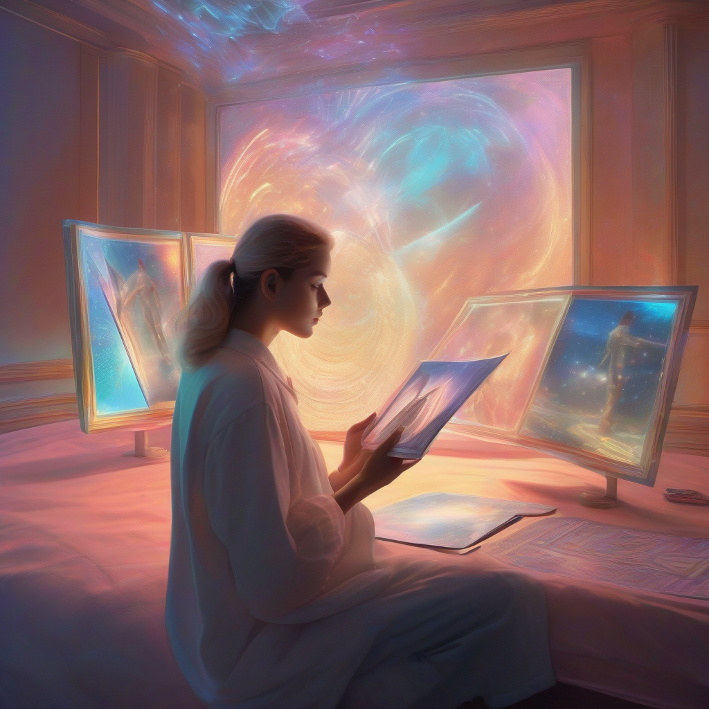 A dreamlike, hyper-realistic digital painting depicting a person gazing at a holographic photo album, where the images are vibrant and luminous projections of future events, imbued with a nostalgic, warm glow. Soft, ethereal light filters through, hinting at advanced technology seamlessly integrated with human emotion. The aesthetic blends retro-futurism with intimate, personal moments, rendered in deep purples, teals, and gold.