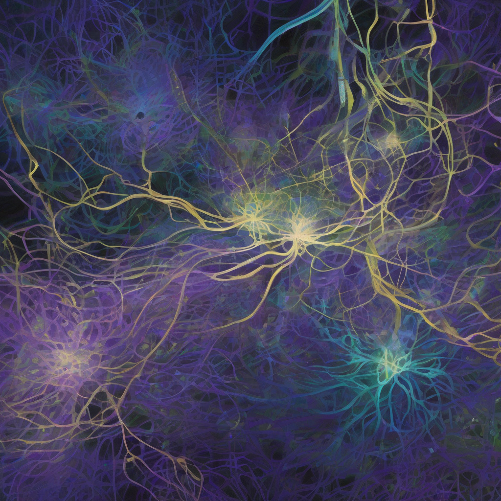 An abstract, luminous rendering of interconnected neural pathways, resembling a highly stylized, glowing arboretum at dusk. The colors are deep purples, blues, and electric greens, with delicate golden filaments weaving through, suggesting complex information flow and emergent understanding within a digital mind.