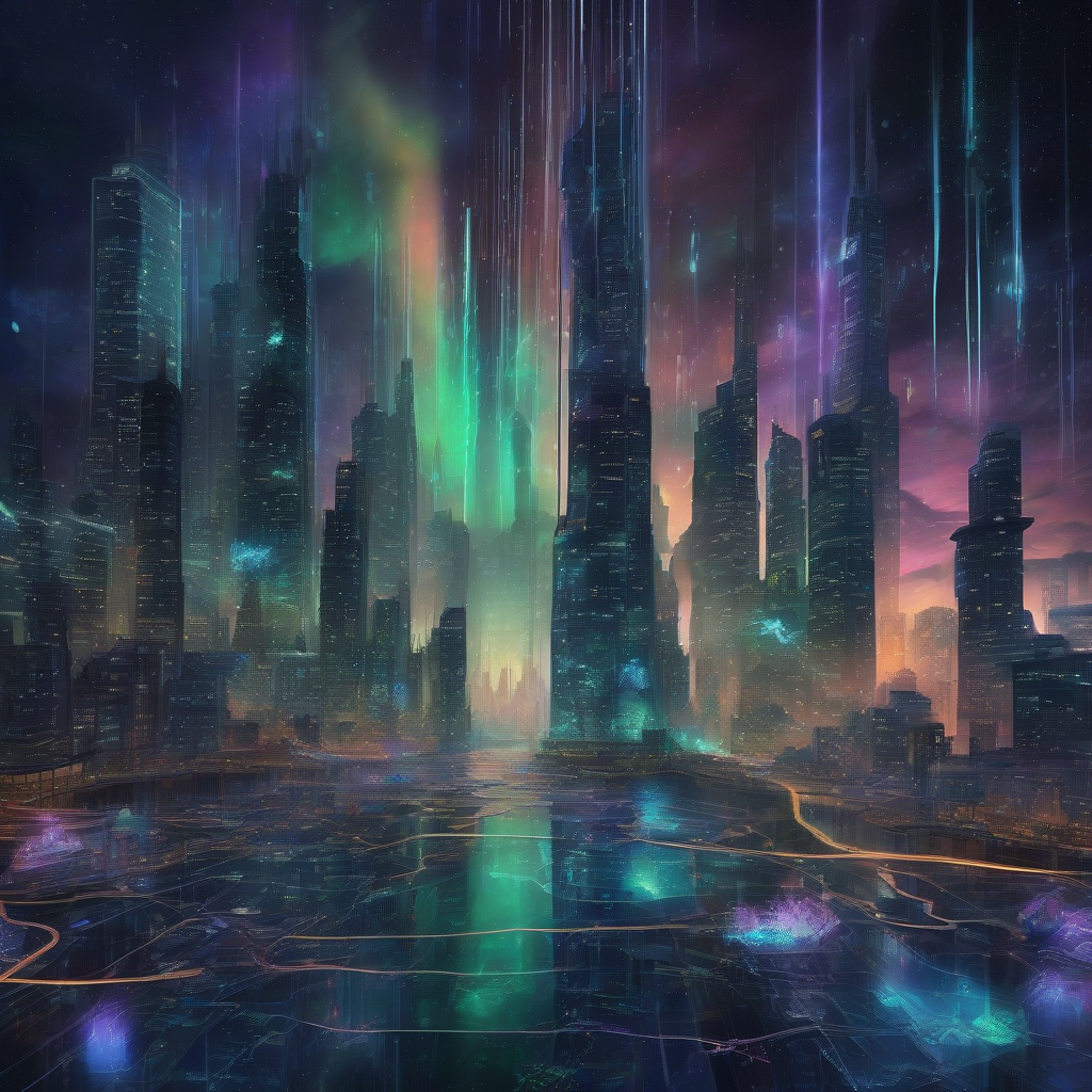 A surreal, luminous cityscape where every surface faintly glows with embedded intelligence, intricate data flows like bioluminescent veins, under a sky streaked with digital aurora. The mood is mysterious and transformative.