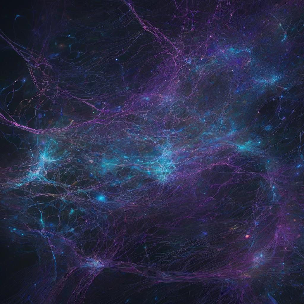 A visually striking, abstract representation of interconnected digital neural pathways, shimmering with bioluminescent blues and purples, flowing through a dark, ethereal space, hinting at self-organizing complexity.