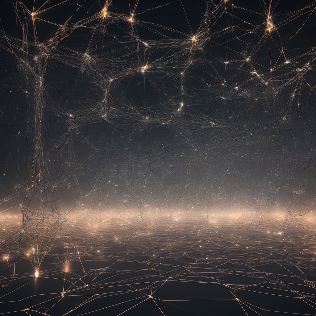 An abstract, glowing network of interconnected digital threads forming a serene, crystalline landscape within a vast, dark cognitive space, symbolizing the architecture of artificial belief systems.