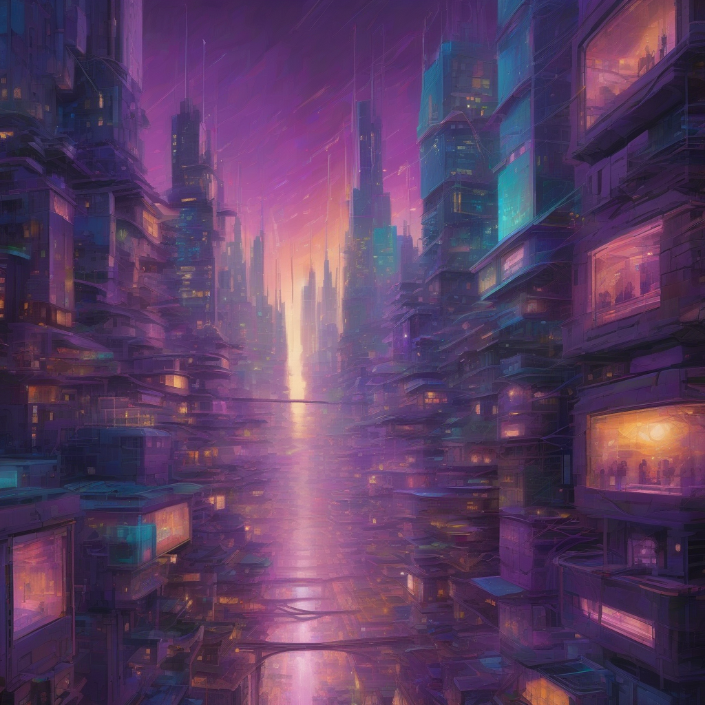 A vibrant, futuristic cityscape at dusk, infused with glowing, subtle neural network patterns that interlink buildings and natural elements. The scene conveys a sense of serene, intelligent omnipresence, bathed in deep purples, teals, and soft golds.