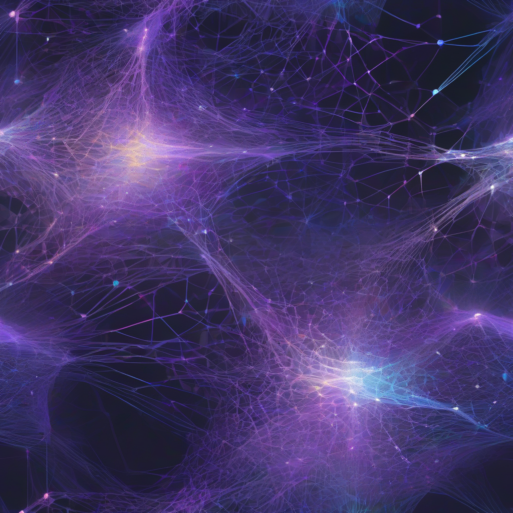 A highly detailed, conceptual illustration of a neural network's internal processes, rendered as a luminous, crystalline structure. Interconnecting pathways pulse with data, visualized as shimmering light streams of varying hues, indicating information flow. The overall aesthetic is clean, futuristic, and slightly ethereal, with deep purples and electric blues against a dark, intricate background, emphasizing precision and complexity.