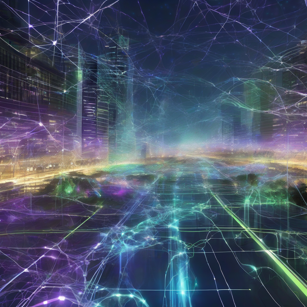 A mesmerizing, high-resolution rendering of a complex adaptive system, visualized as a glowing neural network superimposed over a futuristic urban landscape. Energy flows are depicted as luminous tendrils, and data streams as shimmering ethereal particles, all bathed in cool blues, purples, and electric greens, suggesting intelligent orchestration.