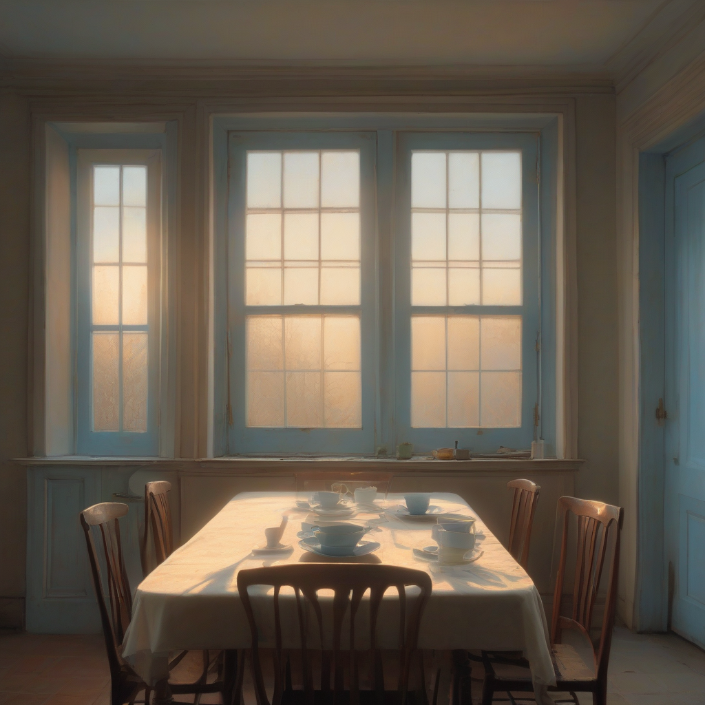 A softly lit kitchen table at dawn, six empty chairs and one glowing tablet propped at the center casting pale blue light across untouched plates, warm window light behind it, muted color palette, quiet and faintly uncanny.