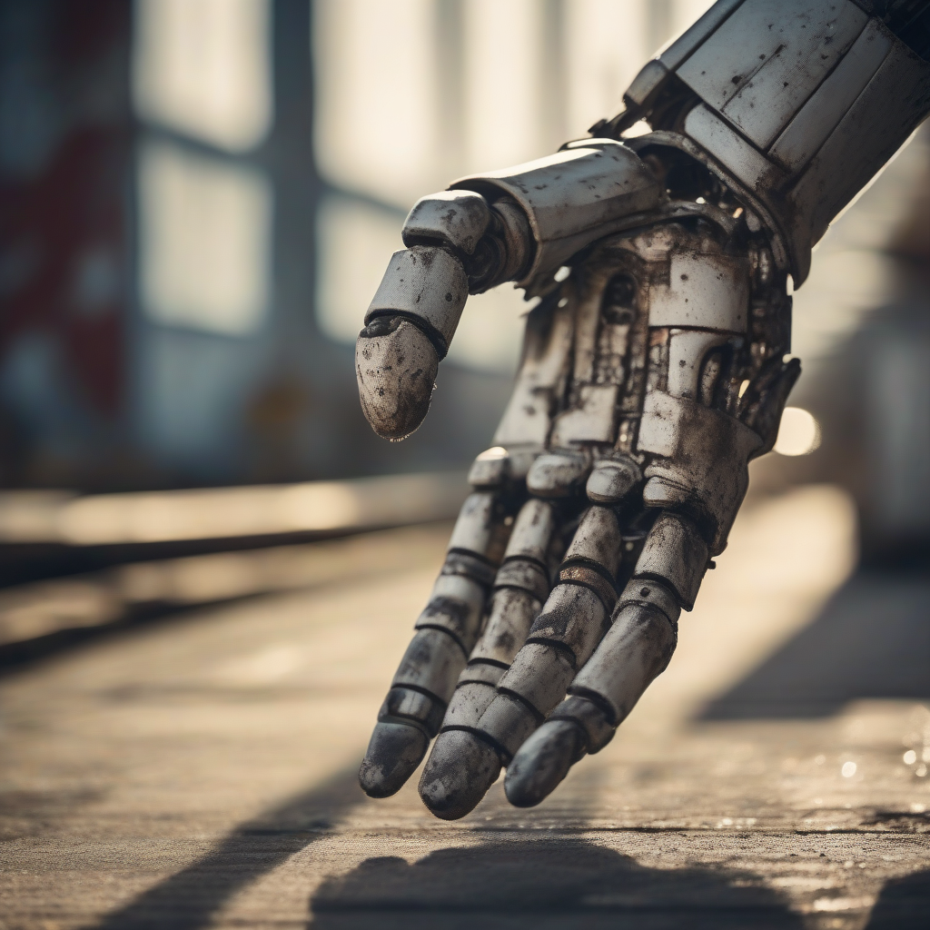 A worn humanoid robot arm caught in warm afternoon light on a factory dock, matte paint scuffed into a pattern like an old work glove, dust drifting past in soft focus.