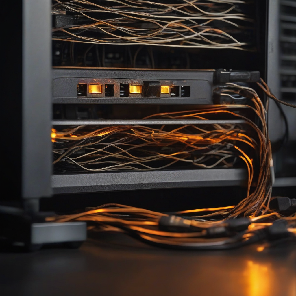 A softly lit close-up of a small home server glowing warm amber in a dark room, cables trailing like roots, dust motes suspended in the light, quiet and intimate rather than clinical.