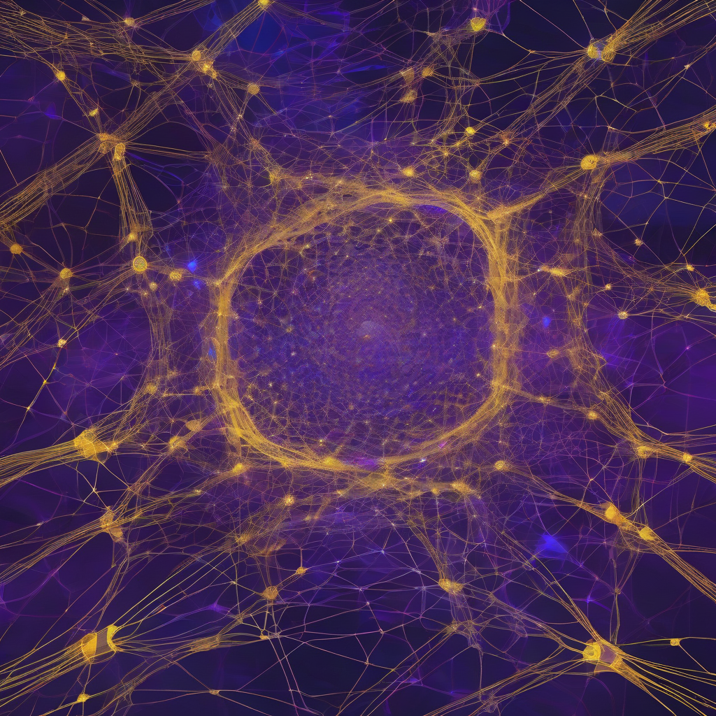 An abstract, luminous rendering of interconnected neural pathways, resembling a vast cosmic web. Hues of deep violet, electric blue, and gold intertwine, suggesting expansive digital thought.