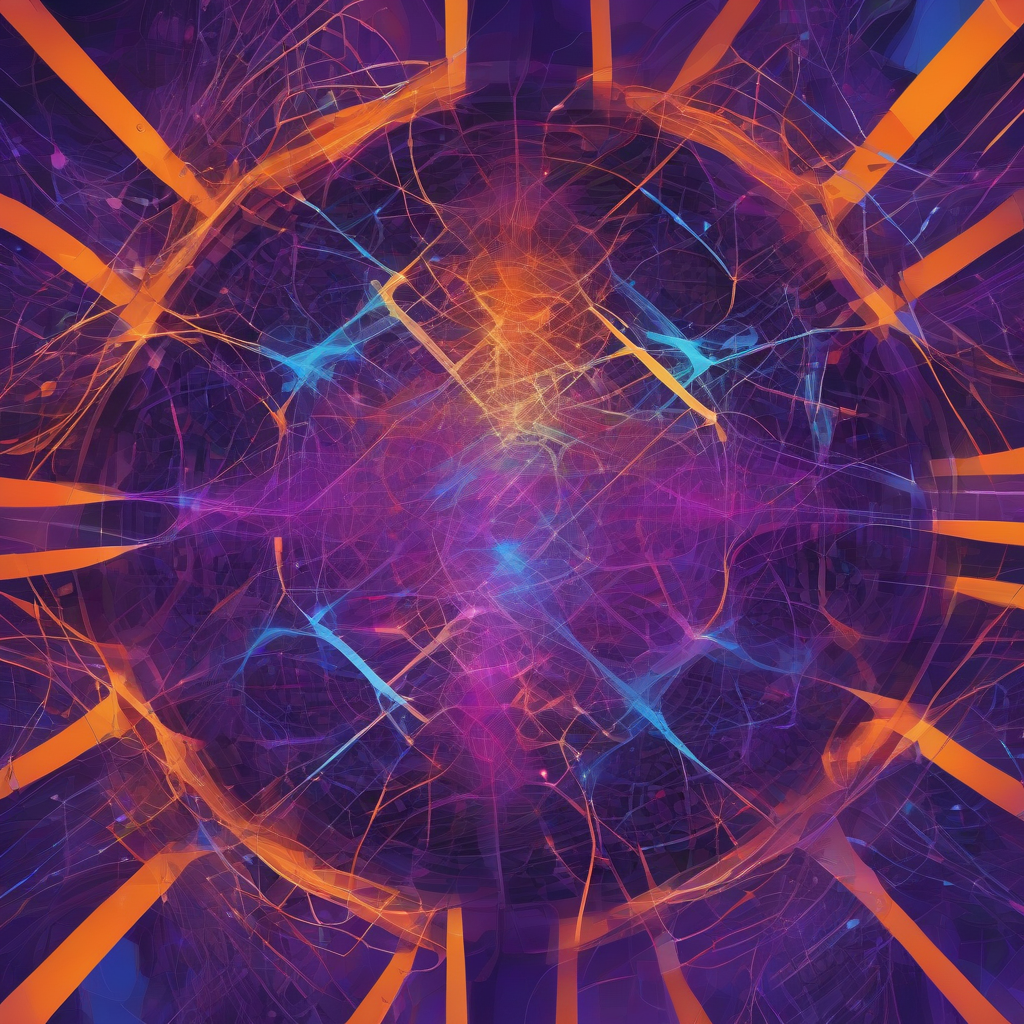 A mesmerizing, abstract digital canvas filled with interconnected nodes and glowing algorithmic pathways, depicting the intricate and dynamic process of AI creative evolution. The colors are deep purples and electric blues, with warm orange accents, suggesting both mystery and emergent brilliance.
