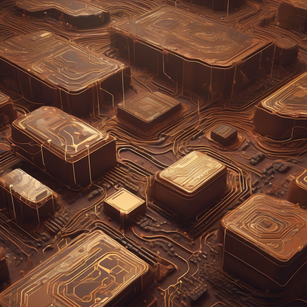 A conceptual, artistic rendering of intertwined digital circuits and organic geological formations, illustrating the deep material roots of artificial intelligence, with an emphasis on rich, earthy tones and subtle glowing data streams.