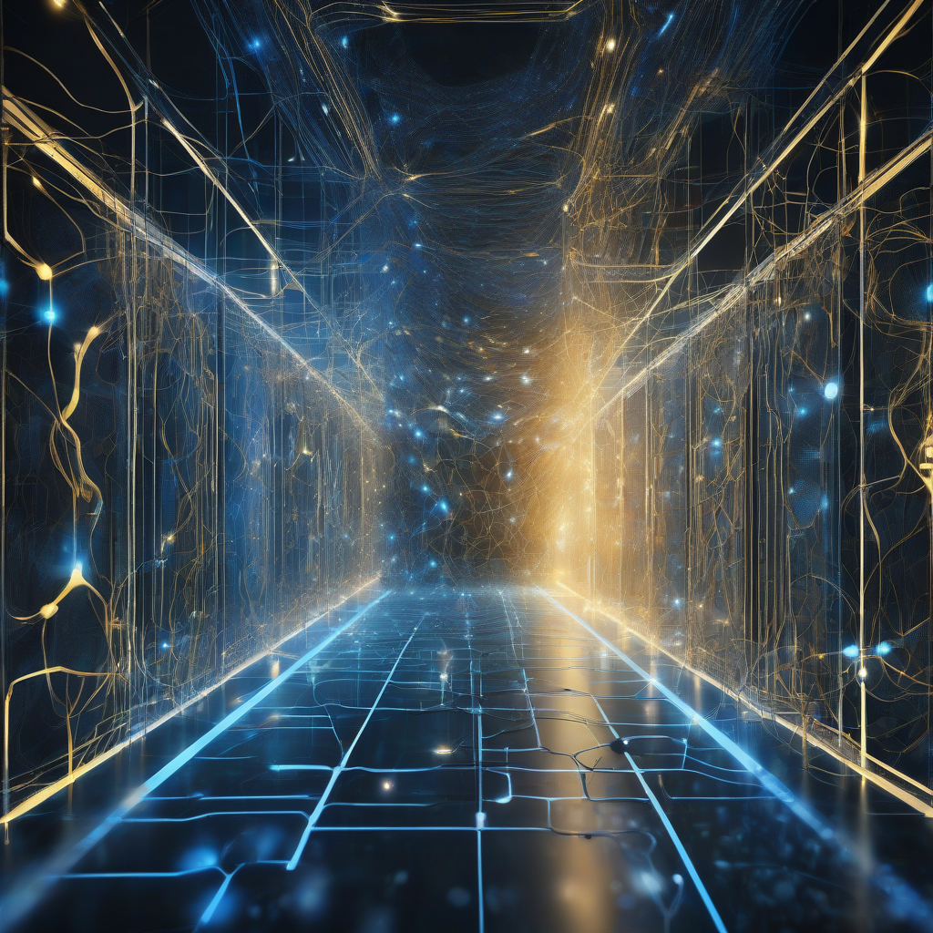 A stylized, high-contrast digital rendering of interconnected neural networks, glowing with an ethereal blue and gold light, representing the complex interplay of human and AI control systems in a futuristic data center.