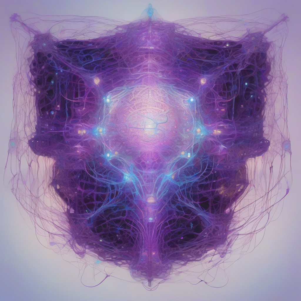 A depiction of intricate, glowing neural pathways converging into a central, crystalline core, bathed in deep purples and electric blues, symbolizing the emergent complexity of AI agent autonomy and its elegant, yet mysterious, internal logic.